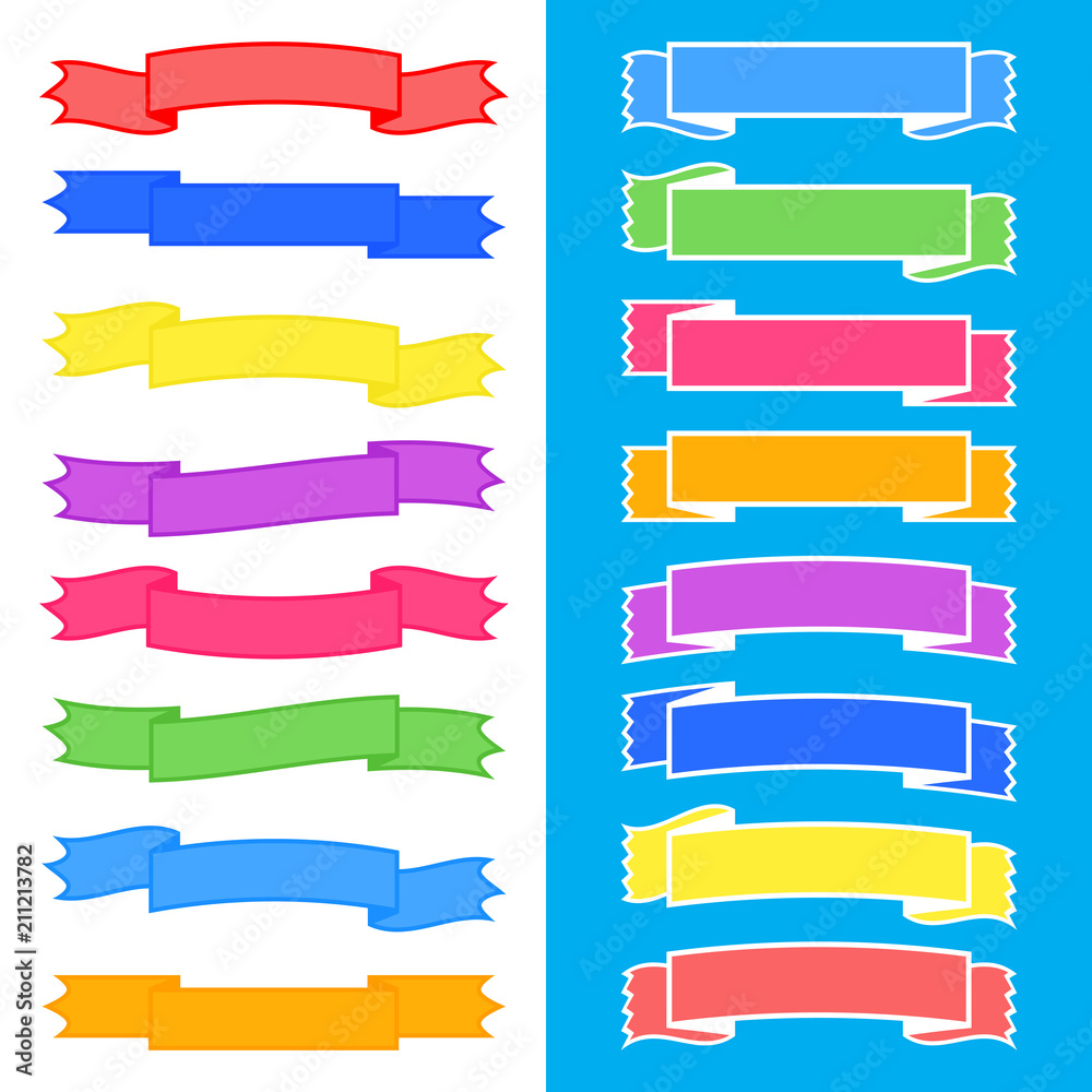 Set of colored insulated ribbons banners with strokes on white and blue background. Simple flat vector illustration. With space for text. Suitable for infographics