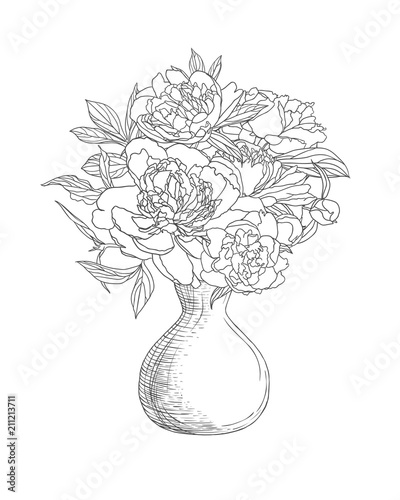 Vase with peony flowers. Black on white