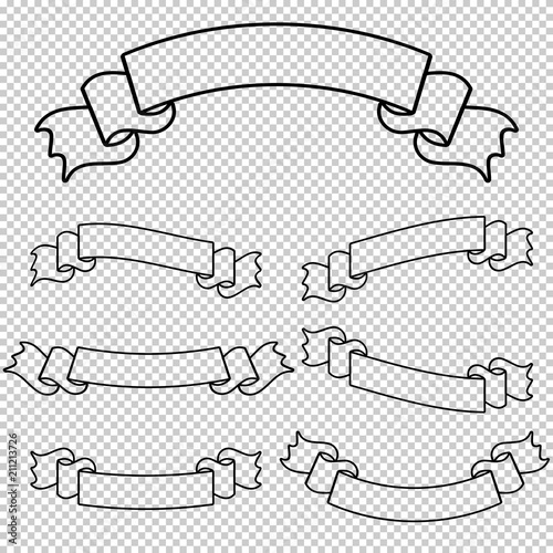 Set of flat isolated silhouettes of an empty ribbon banners with a black outline on a transparent background