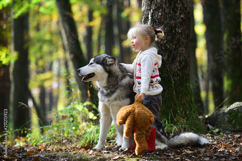 Beautiful girl walking with big dog. Best friend and companion. Cheerful young girl petting dog while standing in forest outdoor