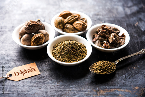 Indian ayurvedic Triphala churan or trifala powder is an ancient medicine for bowel movement or indigestion problems. Selective focus photo