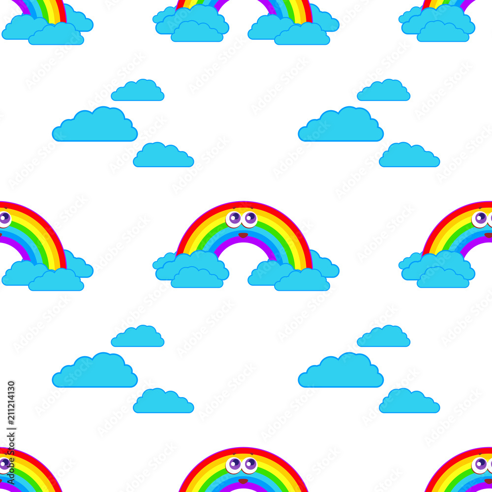 Obraz premium Color seamless pattern of smiling cute rainbows on white background with clouds. Simple flat vector illustration. Suitable for Wallpaper, fabric, wrapping paper, covers.