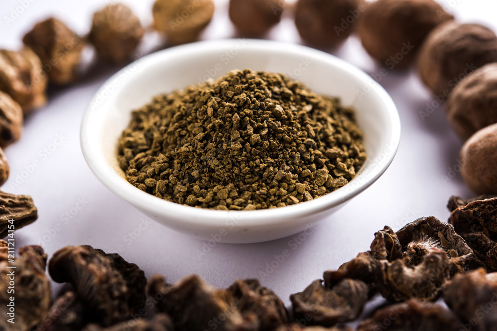 Indian ayurvedic Triphala churan or trifala powder is an ancient medicine for bowel movement or indigestion problems. Selective focus Indian ayurvedic Triphala churan or trifala powder is an ancient medicine for bowel movement or indigestion problems. Selective focus