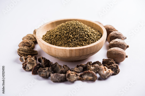 Indian ayurvedic Triphala churan or trifala powder is an ancient medicine for bowel movement or indigestion problems. Selective focus photo