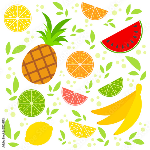 Set of colored isolated apetitic fruits on a white background. Juicy, bright, delicious tropical food. Simple flat vector illustration. Suitable for design of packages, postcards, advertising.