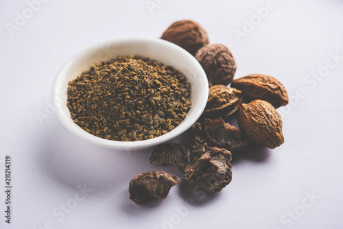 Indian ayurvedic Triphala churan or trifala powder is an ancient medicine for bowel movement or indigestion problems. Selective focus photo