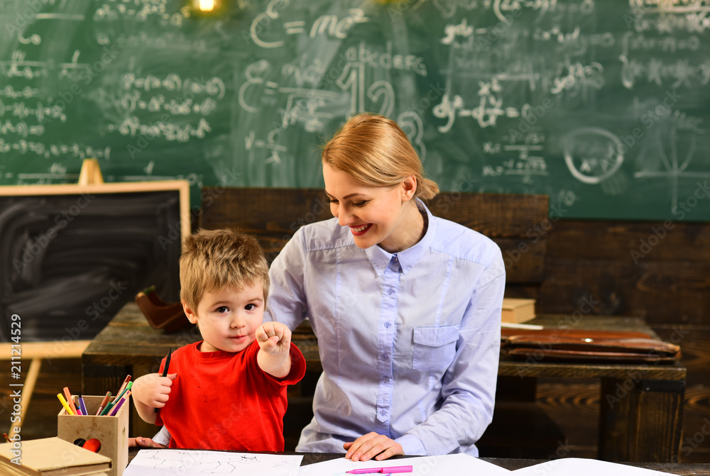 Student looks for studying method that suits his learning style, Modern teacher hipster writing on big blackboard with math formula, Some students learn best by listening Student looks for studying method that suits his learning style, Modern teacher hipster writing on big blackboard with math formula, Some students learn best by listening