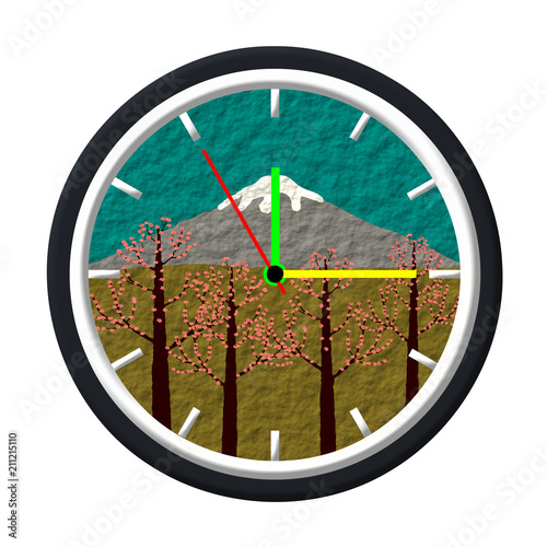 Fuji Mountain image, Cherry Blossom, is in a clock, illustration