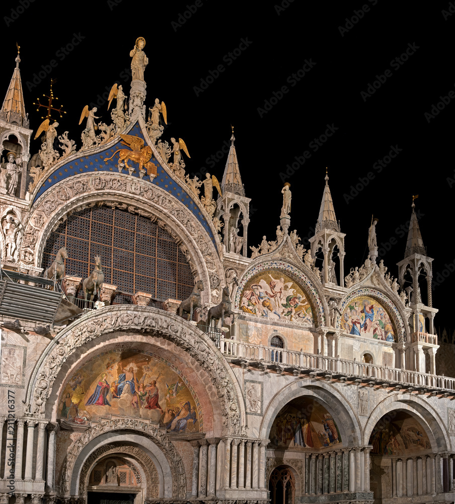 Basilica di San Marco illuminated at night on Piazza San Marco. Italy.