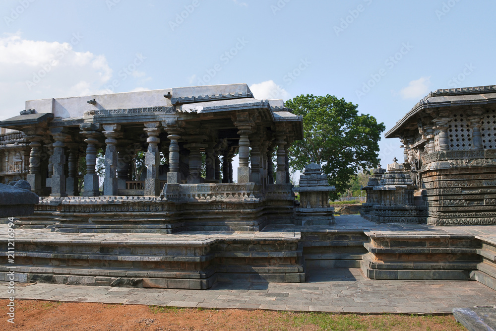 Nandi Mandapa on the left and Shantaleswara shrine on the right, Hoysaleshvara Temple, Halebid, Karnataka. View from North.