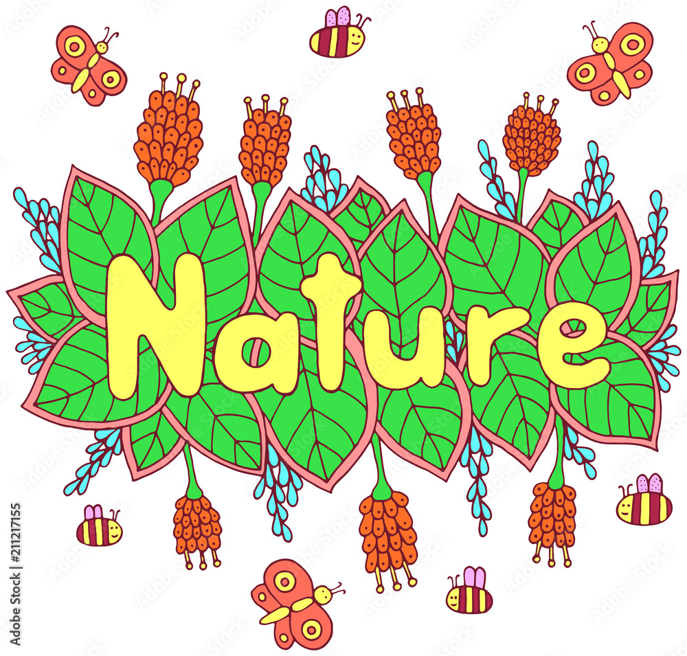Nature word colorful lettering art. Doodle cartoon artwork. Vector