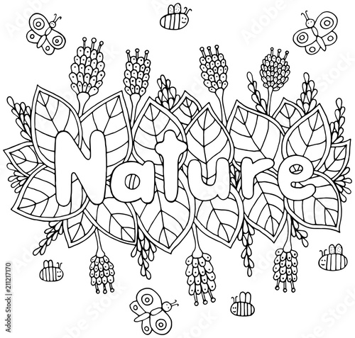 Nature word - coloring page for adults and children. Doodle cartoon artwork. Vector illustration