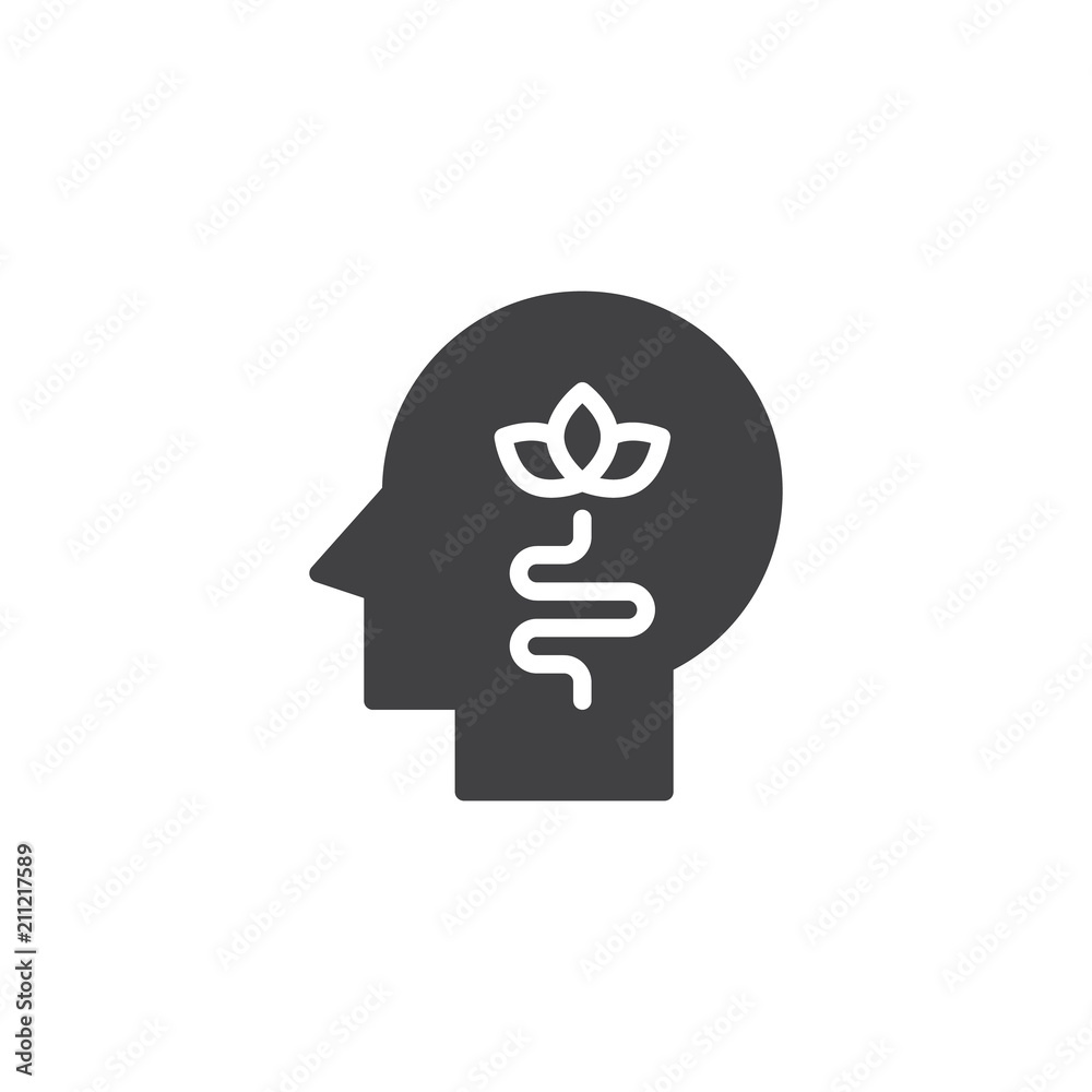 Human head with plant vector icon. filled flat sign for mobile concept and web design. Calm simple solid icon. Symbol, logo illustration. Pixel perfect vector graphics