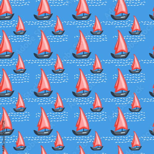 Marine seamless vector pattern, cartoon sail boat on wave illustration isolated on blue background, summer decorative texture, sea backdrop with red yachts, design for textile, colorful fabric