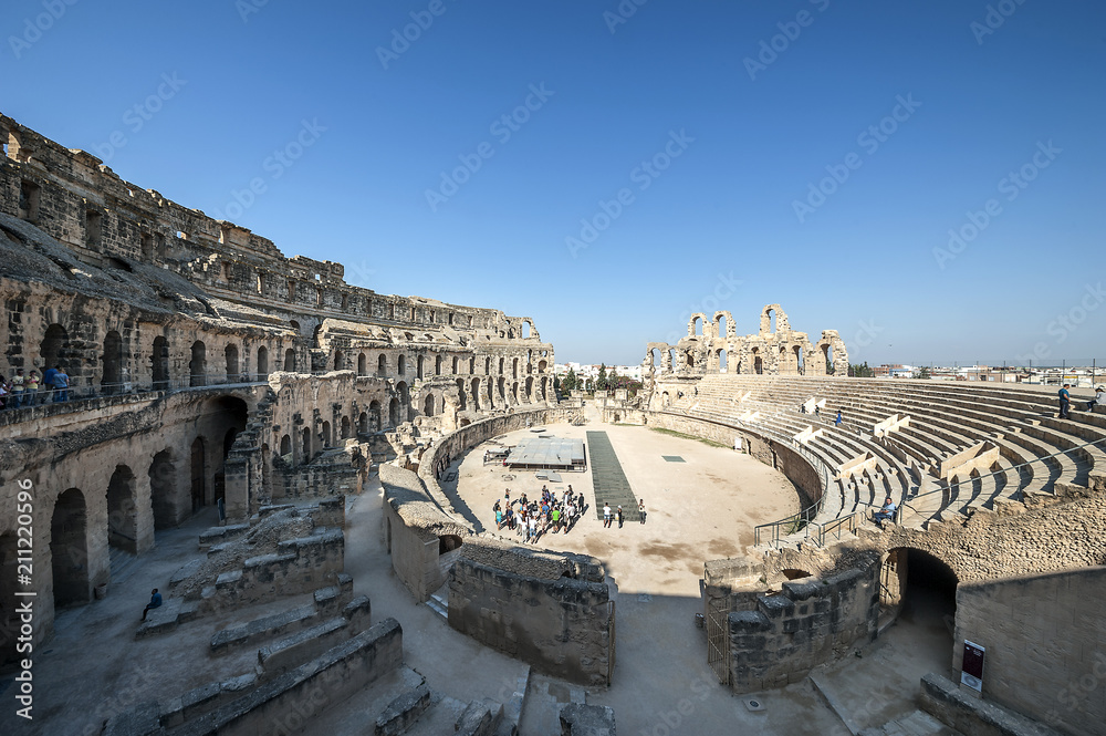 Panorama of the amphitheater, which regularly hosts live music concerts/Tunisia, El Jem. Amphitheater Gordian with a capacity of forty thousand people is rightly called the Golden Crown of Africa.