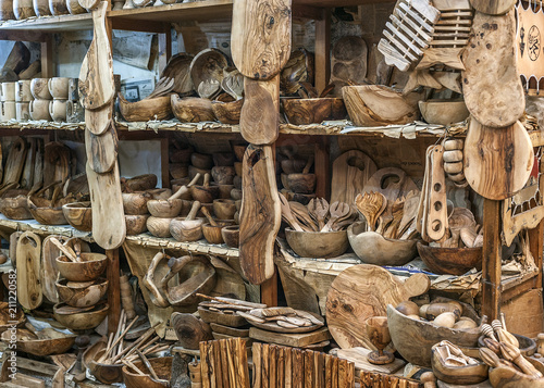 Tunisia, beautiful crafts, dishes and souvenirs made of olive wood.