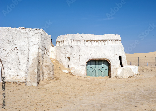 Tunisia, between the Sahara desert and the salt lake of Schott El Jerid. Scenery for the movie "Star Wars, the fourth episode."