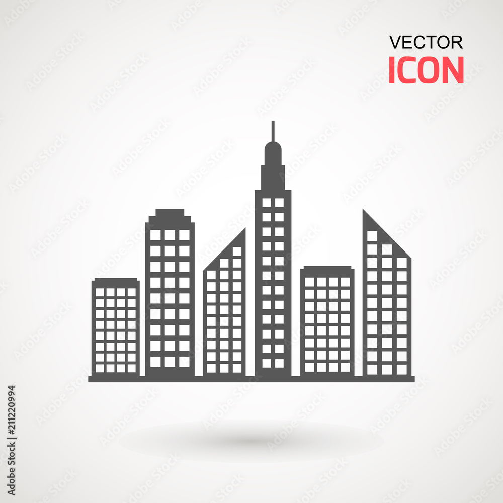Flat Buildings, skyscrapers, business center, offices and houses vector illustration. Modern city, Urban landscape concept. Vector city buildings silhouette icons
