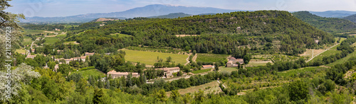 Mont Ventoux, the famous cycling destination captured in a panoramic view from the town of Venasque, Provence