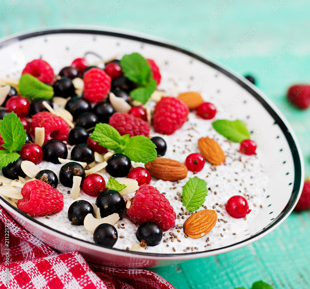 Detox and healthy superfoods breakfast in bowl. Vegan almond milk chia seeds pudding with raspberries, blackberries and mint. Detox and healthy superfoods breakfast in bowl. Vegan almond milk chia seeds pudding with raspberries, blackberries and mint.