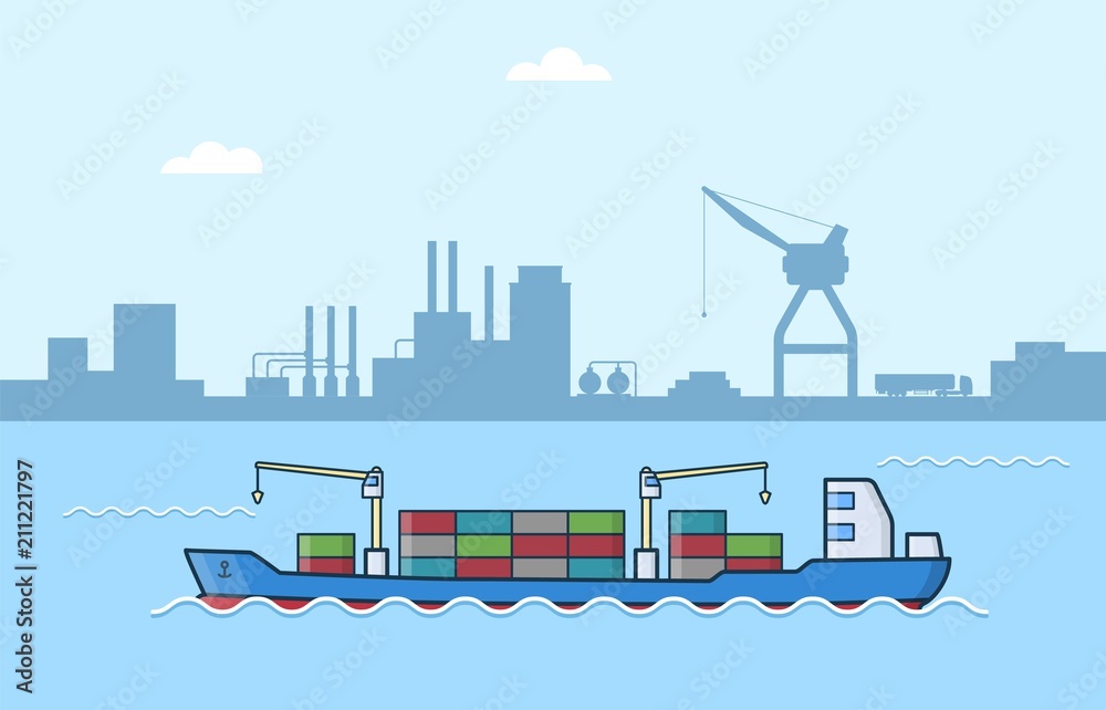 Fototapeta premium Set of commercial cargo ships. Sea transportation vehicle. Water logistics. Transport boat.