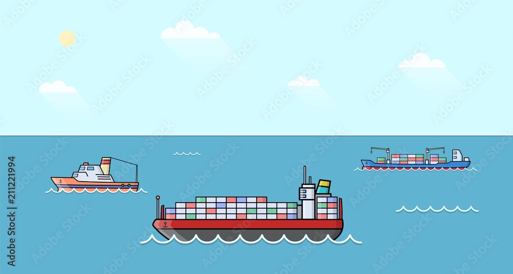 Set of commercial cargo ships. Sea transportation vehicle. Water logistics. Transport boat. Set of commercial cargo ships. Sea transportation vehicle. Water logistics. Transport boat.
