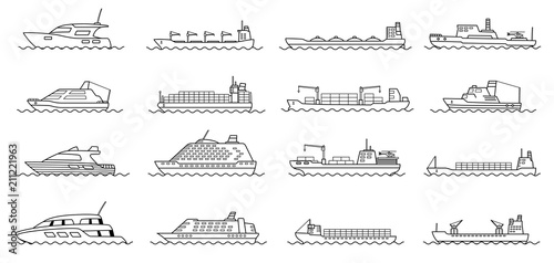 Set of commercial cargo ships. Sea transportation vehicle. Transport boat.