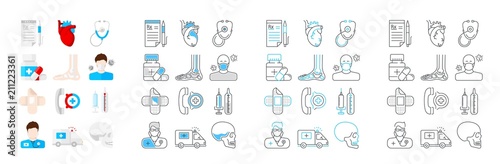 Vector graphic set. Medicine and health care. Editable stroke size. Icons in flat, contour, outline, thin and linear design. Simple isolated icons. Concept illustration. Sign, symbol, element. photo