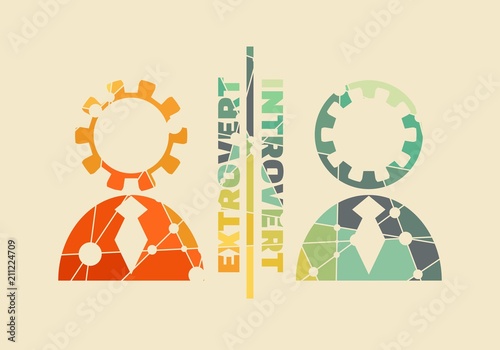 Extrovert vs introvert illustration. Image relative to human psychology. Silhouettes textured by lines and dots pattern