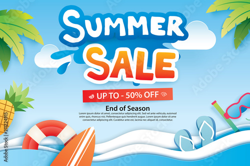 Summer sale with paper cut symbol and icon for advertising beach background. Art and craft style. Use for ads, banner, poster, card, cover, stickers, badges, illustration design.