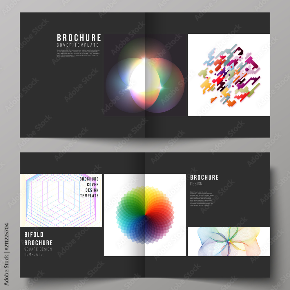 The black colored vector illustration of layout of two covers templates for square design bifold brochure, flyer, booklet. Abstract colorful geometric backgrounds in minimalistic design to choose from