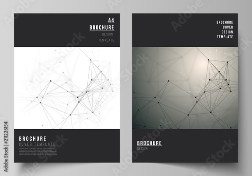 The vector layout of A4 format cover mockups design templates for brochure, flyer, report. Technology, science, medical concept. Molecule structure, connecting lines and dots. Futuristic background