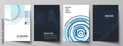 The vector illustration of the editable layout of A4 format cover mockups design templates with geometric background made from dots, circles, rectangles for brochure, magazine, flyer, booklet, report.
