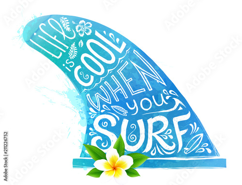 Canvas Print Blue watercolor style vector surfing fin silhouette with white hand drawn letter