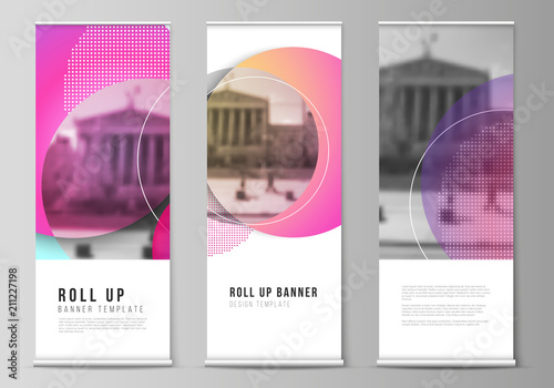 The vector illustration of the editable layout of roll up banner stands, vertical flyers, flags design business templates. Creative modern bright background with colorful circles and round shapes.