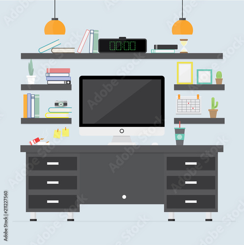 Office interior. Detail room interiors with furniture Vector flat illustration