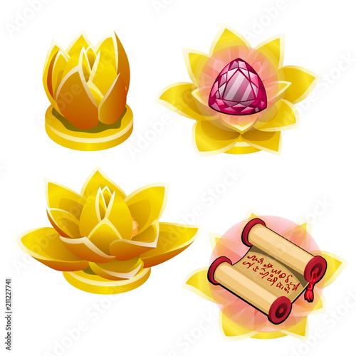 A set of gold statues in the shape of a Lotus flower isolated on white background. Vector cartoon close-up illustration.