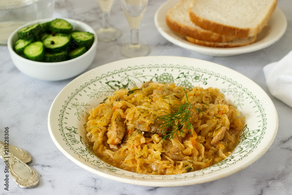A traditional dish of some European countries is bigos made from cabbage, other vegetables and meat. A traditional dish of some European countries is bigos made from cabbage, other vegetables and meat.