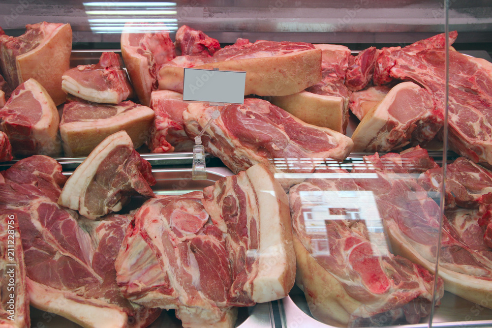 Shop of meat products. Meat products store. Wide selection of meat products