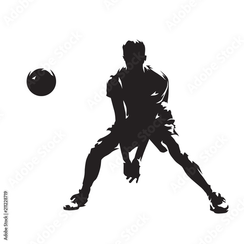 Volleyball player returning ball, abstract isolated vector silhouette. Ink drawing. Team sport. Beach volleyball