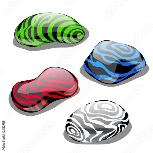 Set of four stones with polished surface and color, symbolizing the element of water, air, earth and fire isolated on white background. Vector cartoon close-up illustration. © Lady-Luck