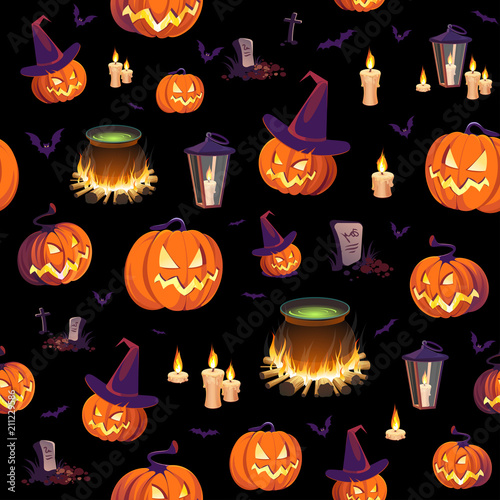 Seamless Halloween pattern with pumpkins, bats, boilers and lanterns on black background.