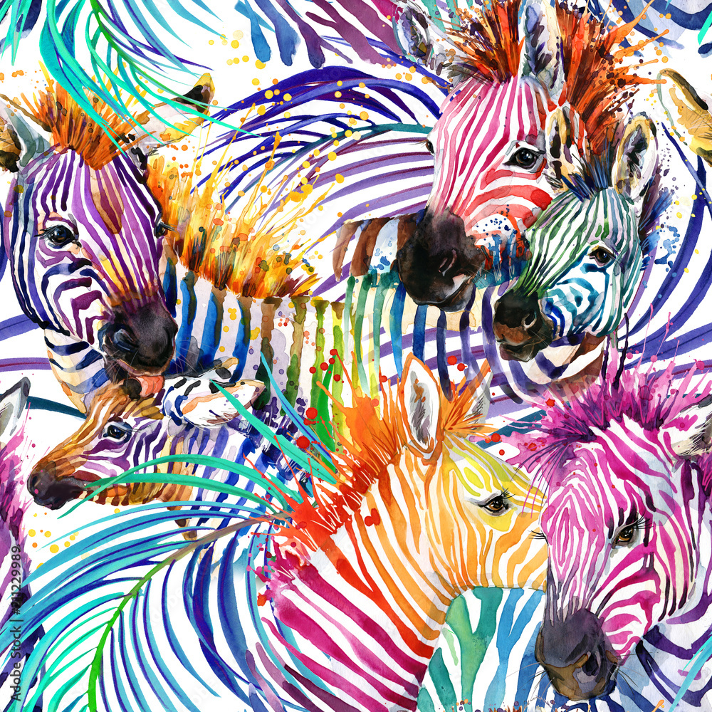 zebra seamless pattern. tropical nature watercolor illustration. safari background - obrazy, fototapety, plakaty 