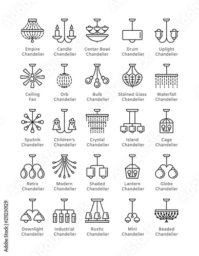 Ceiling lamps & lights. Different types of chandeliers. Set of hanging light fixtures for home and office. Line icon collection.