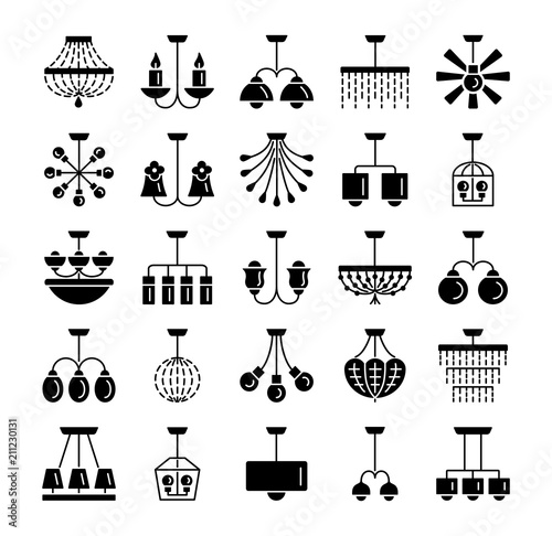 Ceiling lamps & lights. Different types of chandeliers. Set of hanging light fixtures for home and office. Flat icon collection.