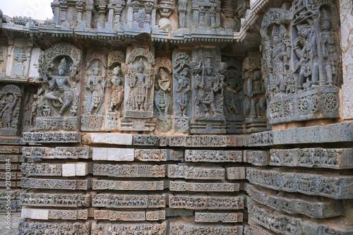 Ornate bas relieif and sculptures of Hindu deities, Kedareshwara Temple, Halebid, Karnataka © RealityImages