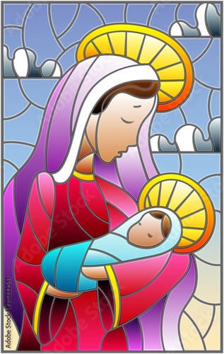 Illustration in stained glass style on biblical theme, Jesus baby with Mary , abstract figures on sky background with clouds, rectangular image