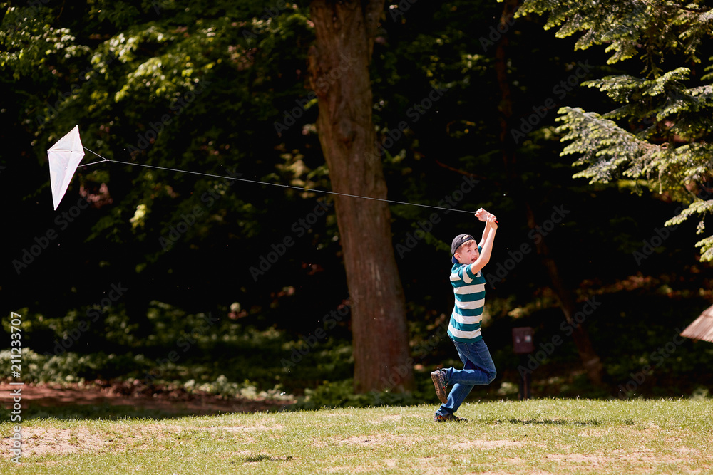 Obraz premium The small boy walking and playing with kite