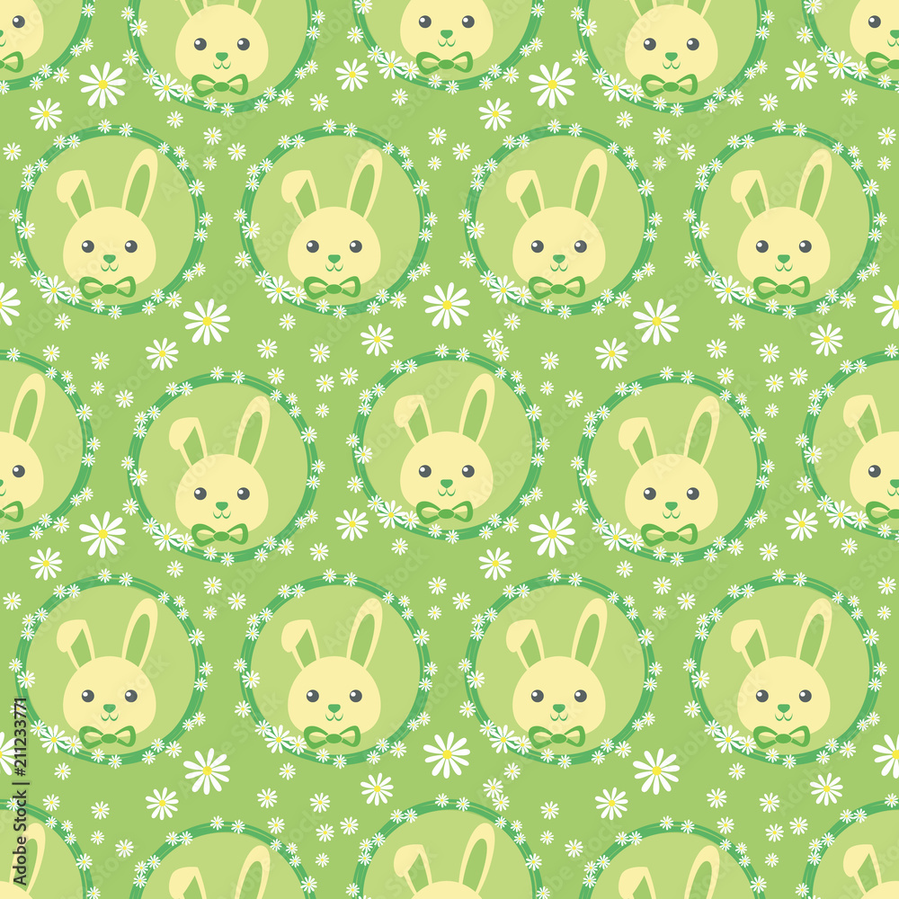 Funny bunny in a wreath of flowers, Seamless vector illustration with cute characters, vintage style