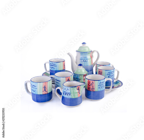 tea pot set, Porcelain tea pot and cup on background photo